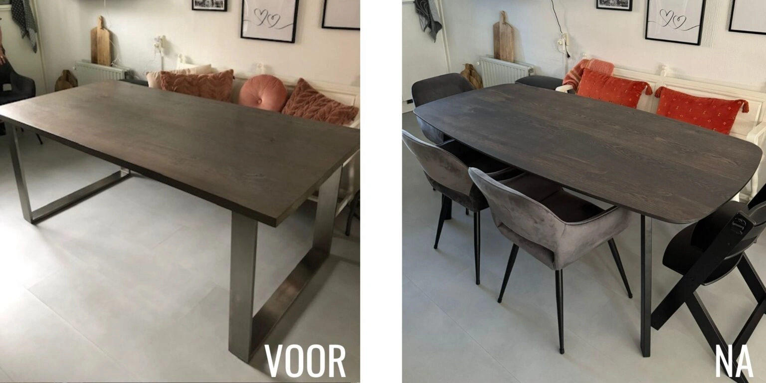 Voor en na foto van een Deens ovaal gesneden tafelblad, afgewerkt met Rubio Monocoat Charcoal.