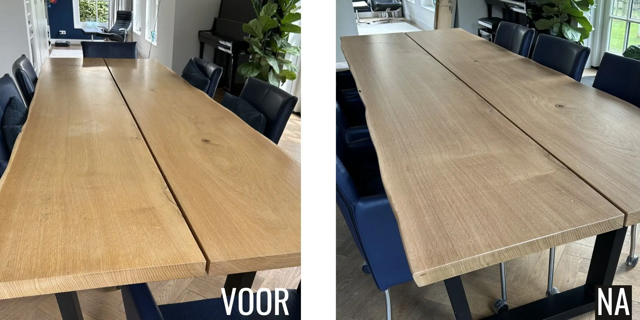 Voor en na foto van een tafelrenovatie van een eiken tafelblad, behandeld met Glitsa transparante lak.