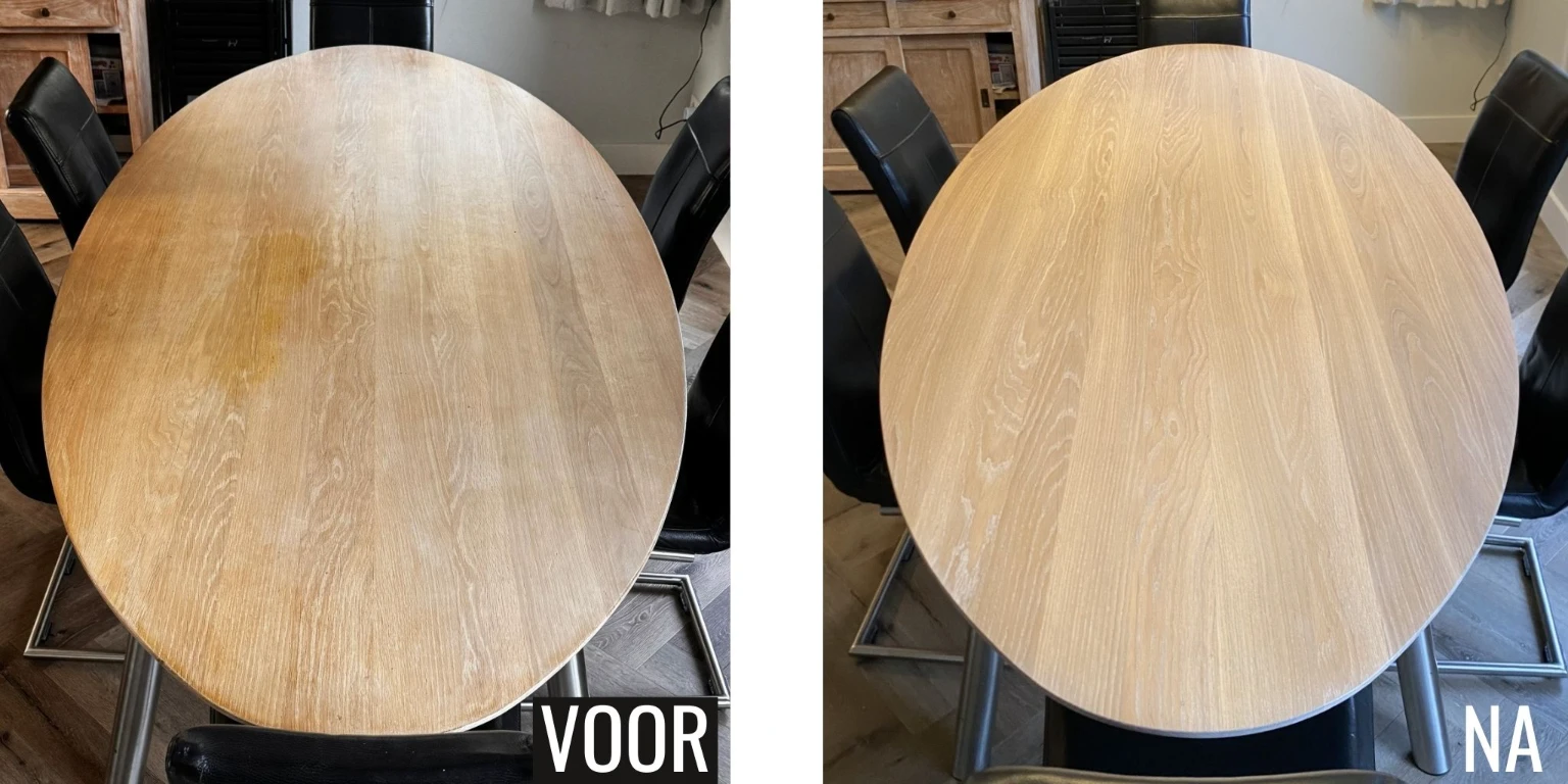 Voor en na foto van een eiken tafelblad, behandel met Rubio Monocoat White.