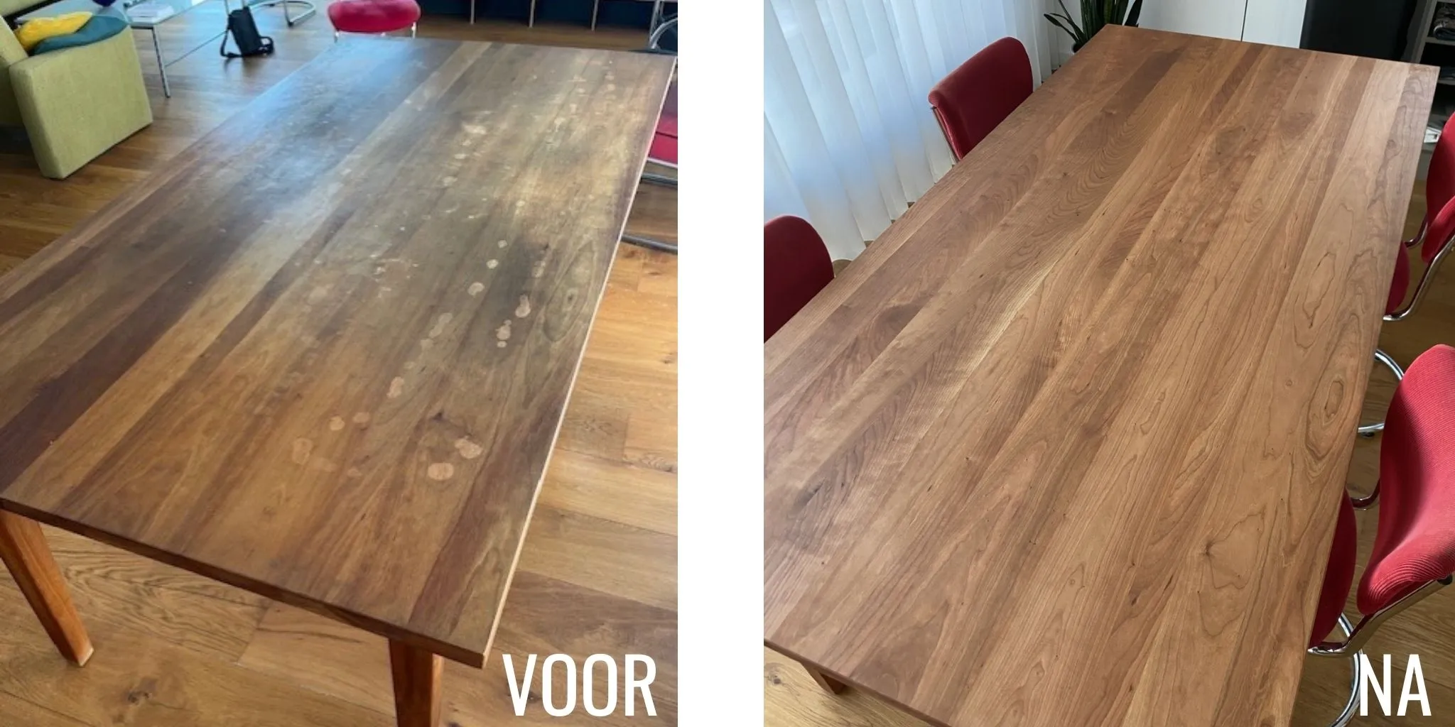 Voor en na foto van een kersen tafelblad, behandel met Rubio Monocoat Pure.